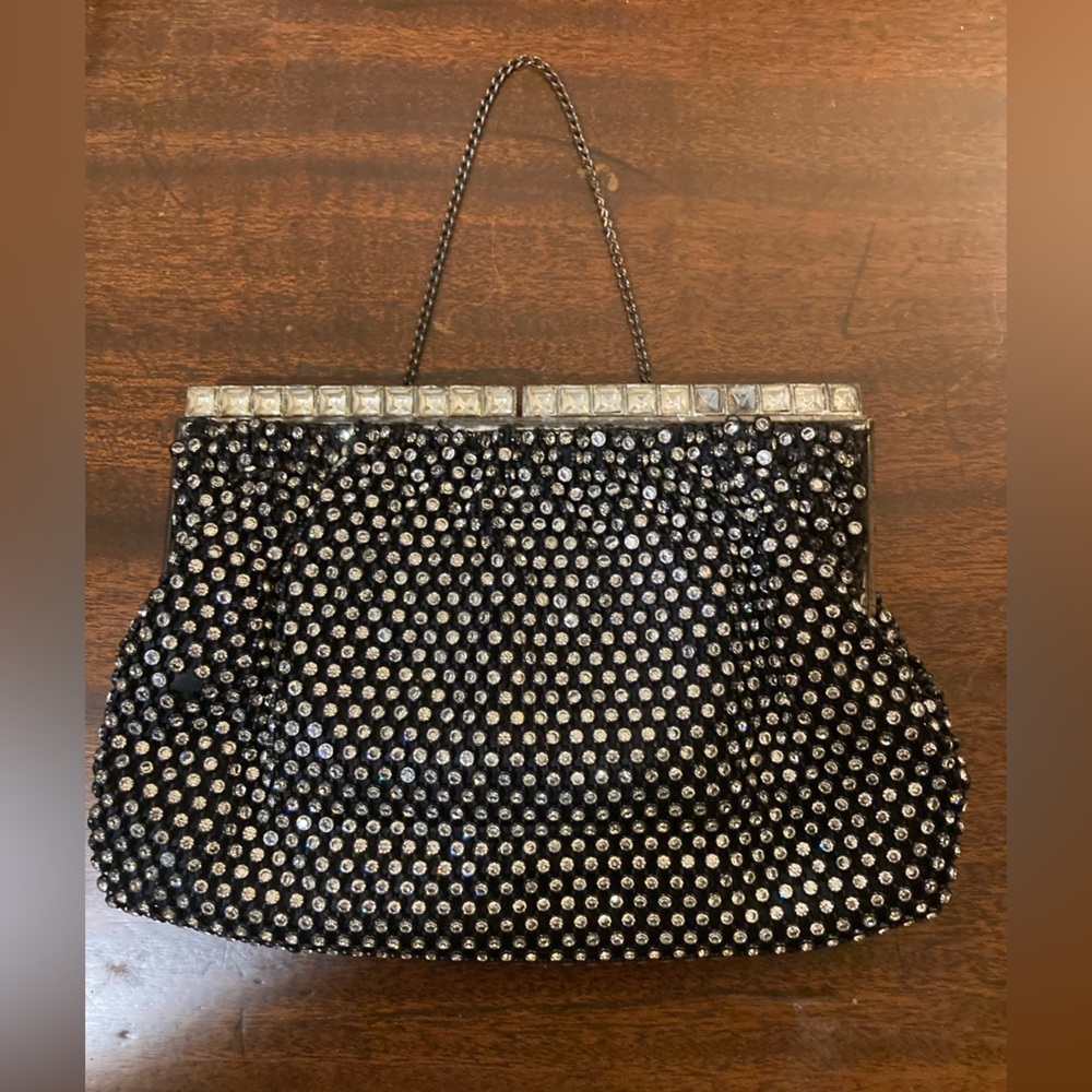 Vintage PURSE - Paste Rhinestones - Black w Bling - Silk Lining - Mirror Holder